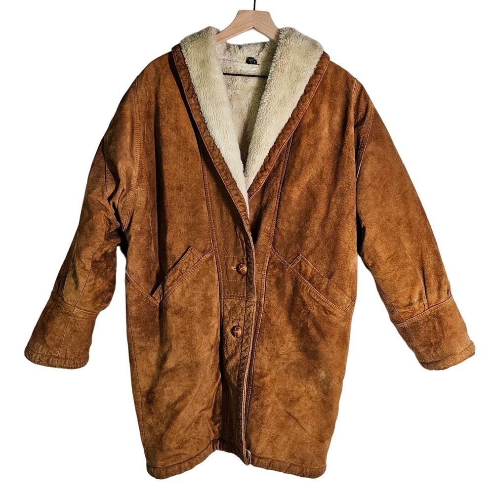 Vintage FoxRun Suede Leather Sherpa Lined‎ Coat S Brown Tapered